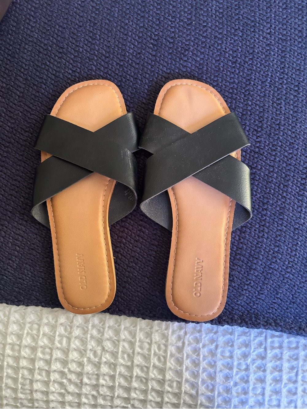 Old Navy Black Crisscross Strap Slide Sandals with Tan Footbed